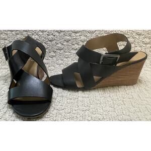 Franco Sarto Black Leather Mallory Sandals Shoes Womens US 9 Wedge Heel